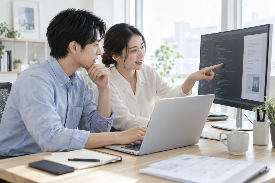 两位同事在明亮办公室协作检查代码和文档