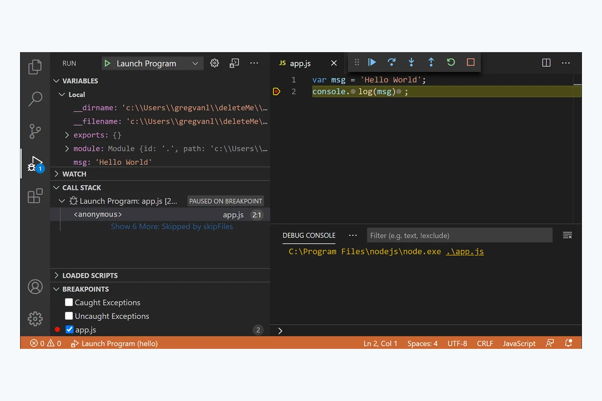 Windows 环境中的 VS Code 程序调试界面截图